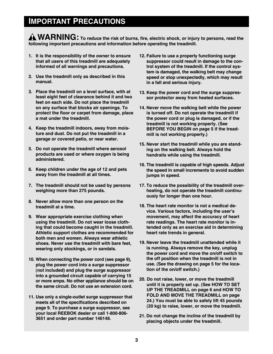 Warning, Mportant, Recautions | Reebok Fitness RBTL11920 User Manual | Page 3 / 34