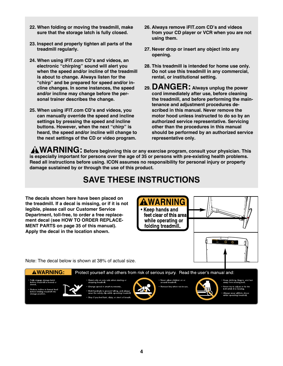 Danger, Warning, Save these instructions | Reebok Fitness RBTL11920 User Manual | Page 4 / 34