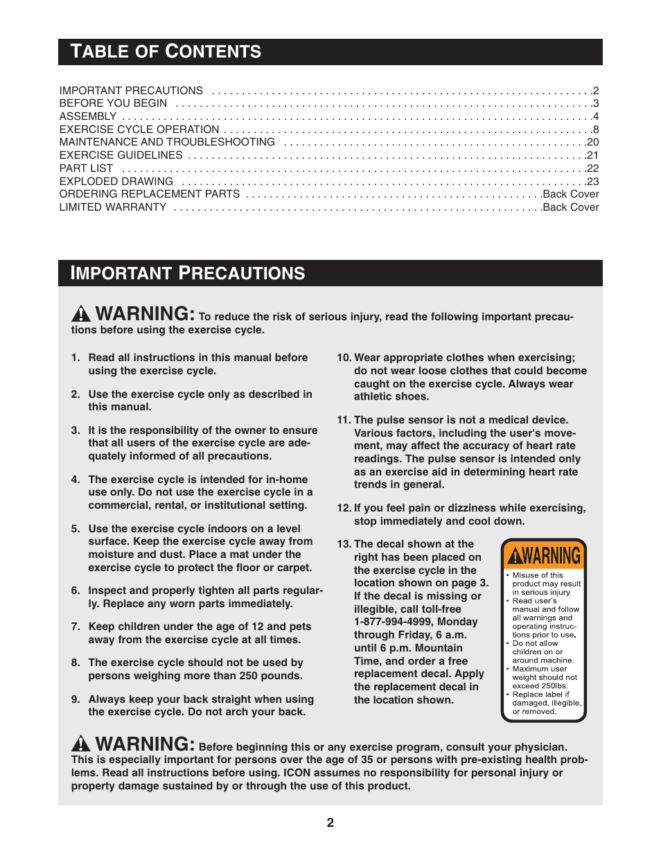 Warning, Mportant, Recautions | Able of, Ontents | Reebok Fitness EXERCISE CYCLE RBEX49840 User Manual | Page 2 / 24