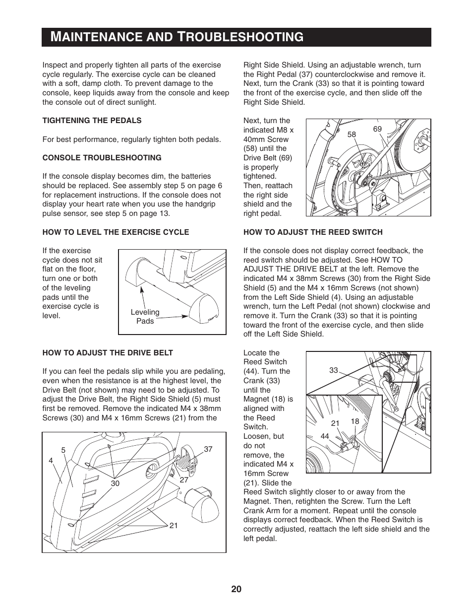 Aintenance and, Roubleshooting | Reebok Fitness EXERCISE CYCLE RBEX49840 User Manual | Page 20 / 24