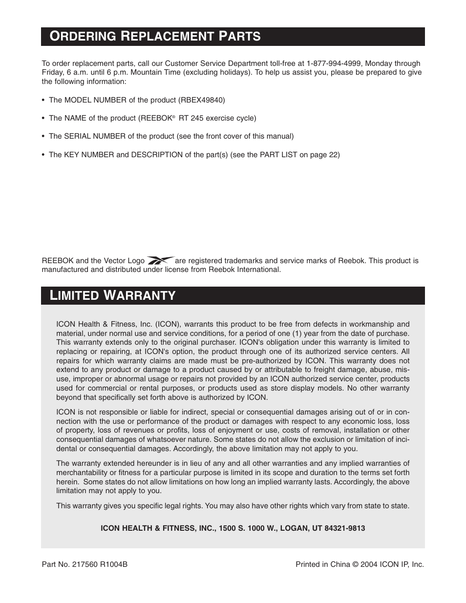 Rdering, Eplacement, Arts | Imited, Arranty | Reebok Fitness EXERCISE CYCLE RBEX49840 User Manual | Page 24 / 24