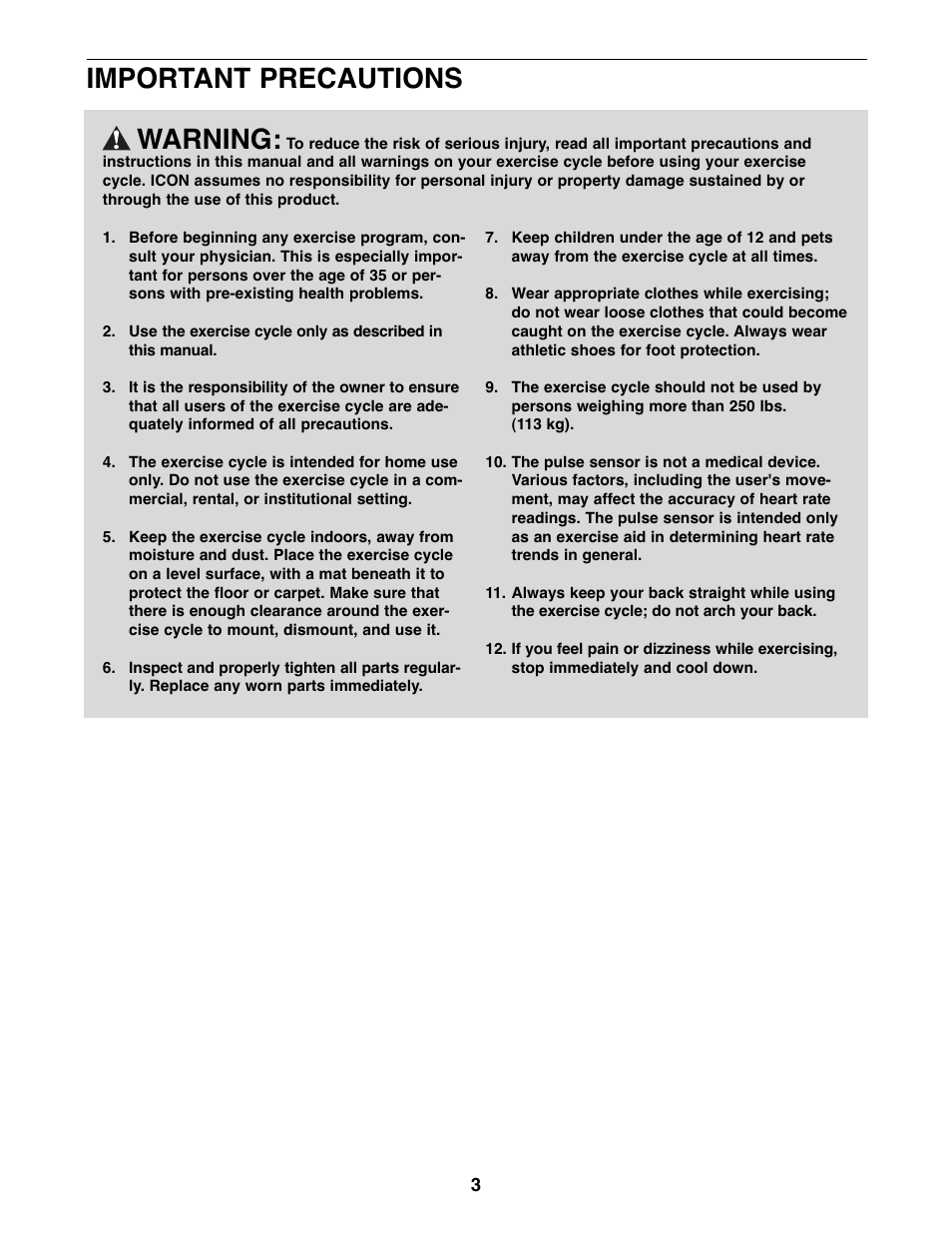 Warning, Important precautions | Reebok Fitness RT300 RBEX2976.3 User Manual | Page 3 / 24