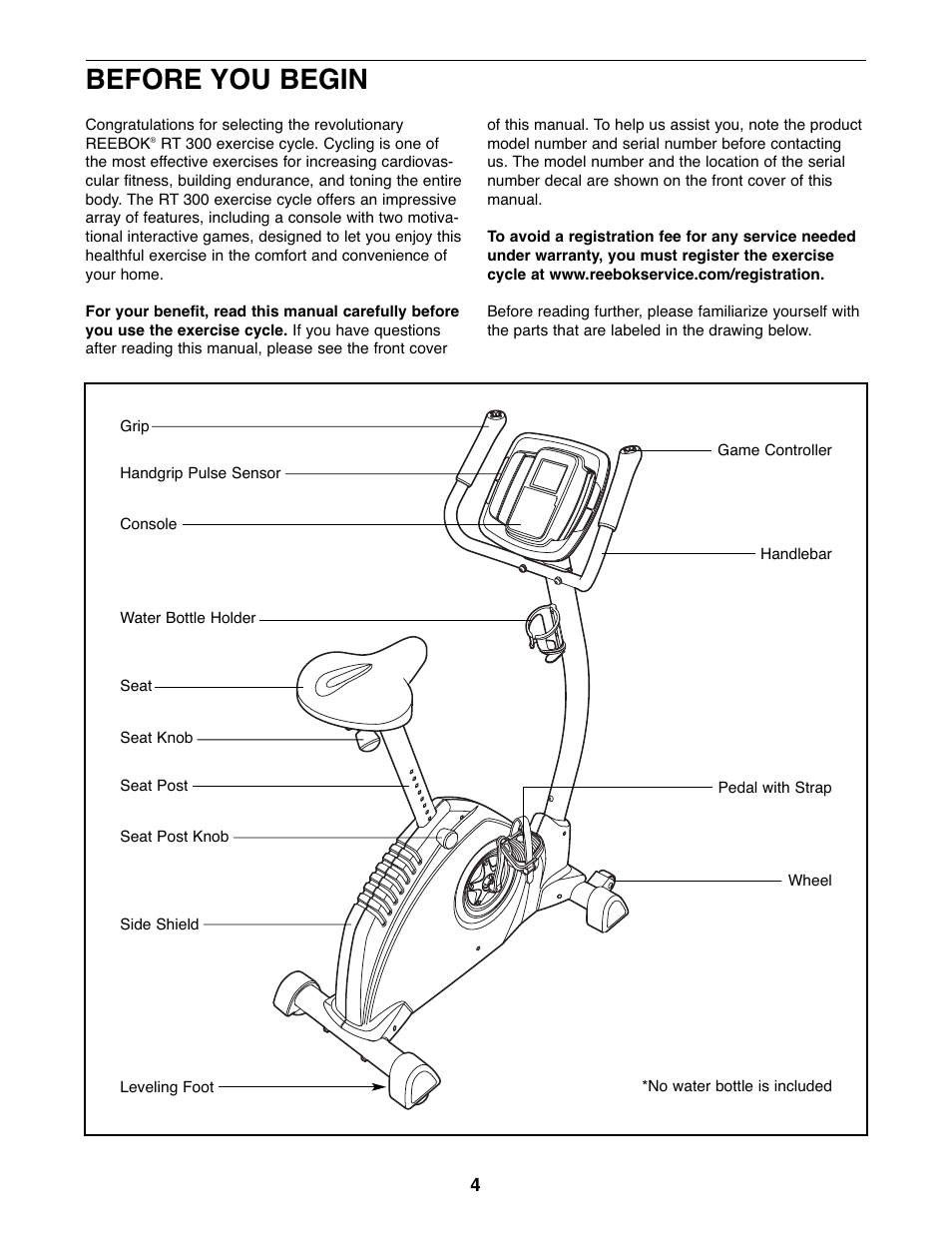 Before you begin | Reebok Fitness RT300 RBEX2976.3 User Manual | Page 4 / 24