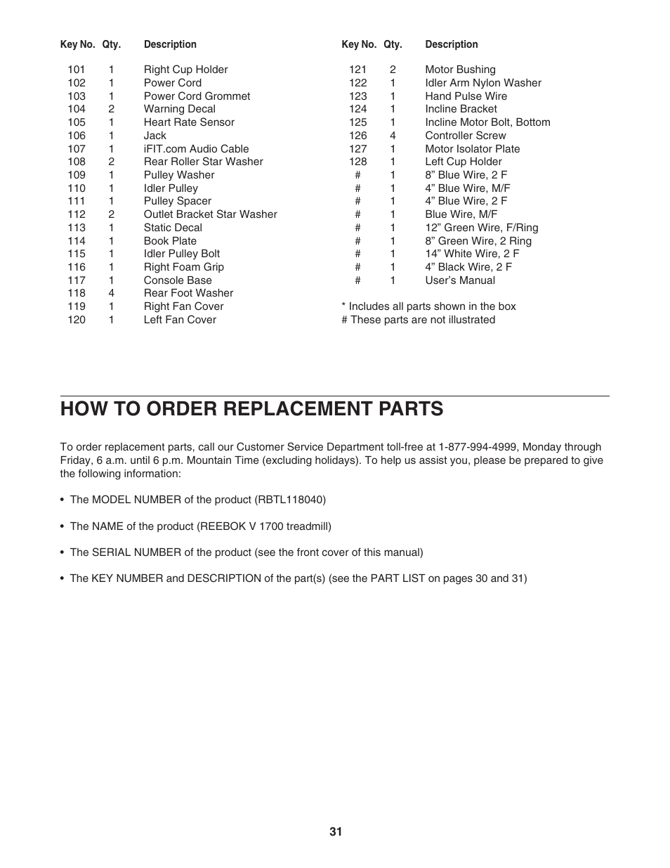 How to order replacement parts | Reebok Fitness V1700 RBTL118040 User Manual | Page 31 / 34