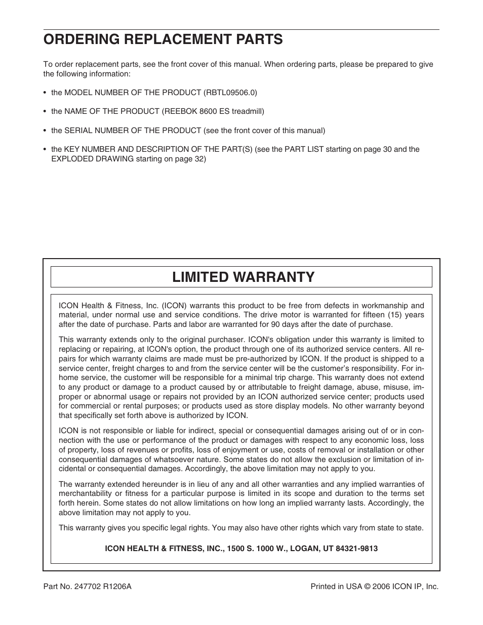 Limited warranty, Ordering replacement parts | Reebok Fitness 8600 ES treadmill RBTL09506.0 User Manual | Page 36 / 36