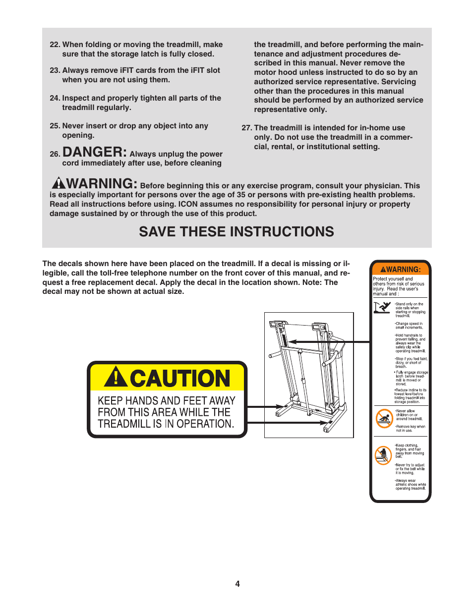 Danger, Warning, Save these instructions | Reebok Fitness 8600 ES treadmill RBTL09506.0 User Manual | Page 4 / 36