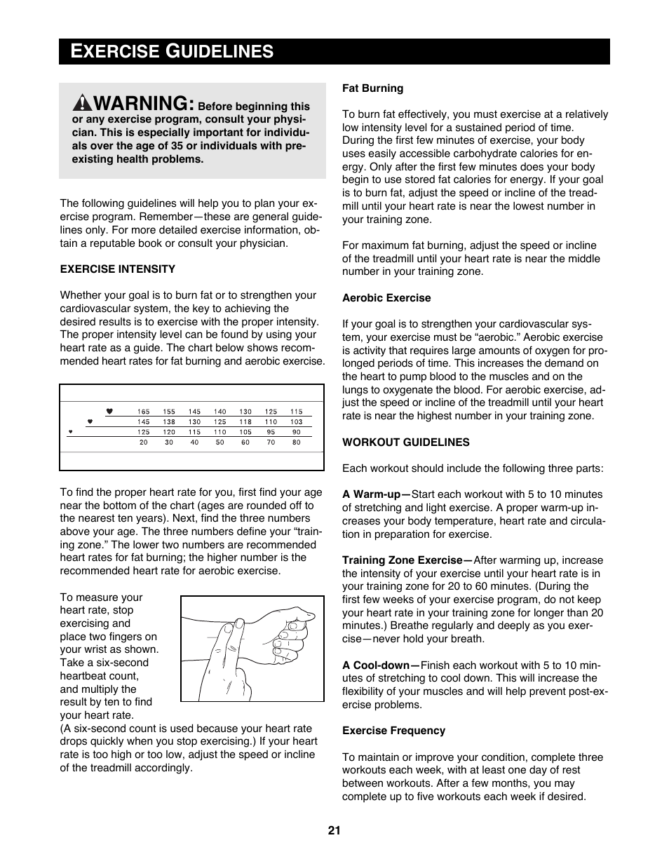 Warning, Xercise, Uidelines | Reebok Fitness RBTL13981 User Manual | Page 21 / 26