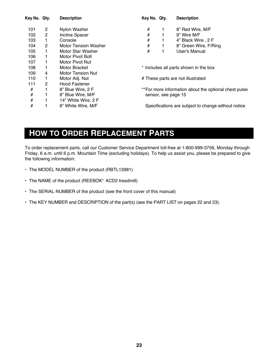 Ow to, Rder, Eplacement | Arts | Reebok Fitness RBTL13981 User Manual | Page 23 / 26