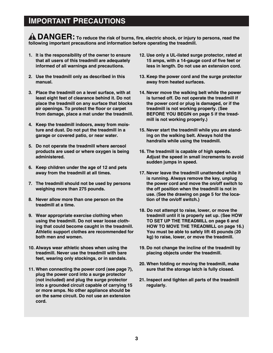 Danger, Mportant, Recautions | Reebok Fitness RBTL13981 User Manual | Page 3 / 26