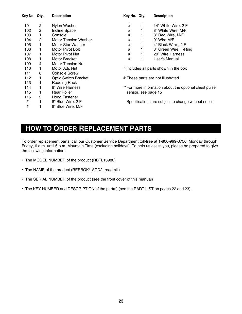 Ow to, Rder, Eplacement | Arts | Reebok Fitness RBTL13980 User Manual | Page 23 / 26