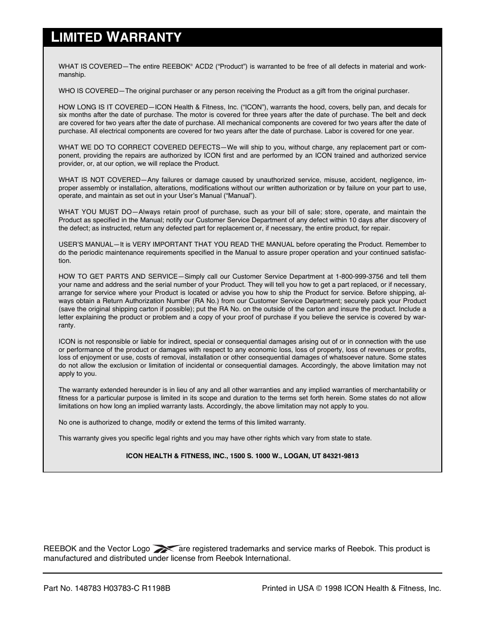 Imited, Arranty | Reebok Fitness RBTL13980 User Manual | Page 26 / 26