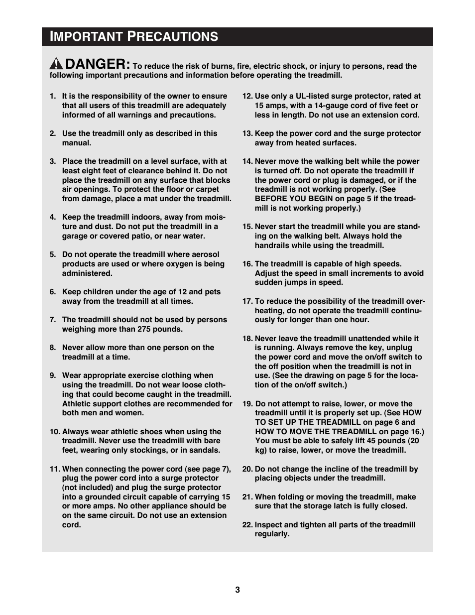 Danger, Mportant, Recautions | Reebok Fitness RBTL13980 User Manual | Page 3 / 26