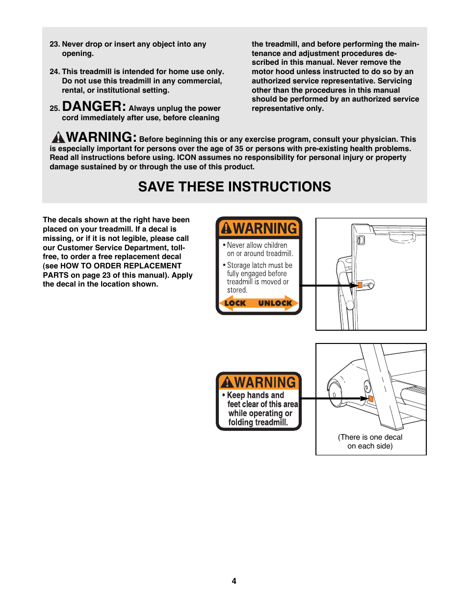 Danger, Warning, Save these instructions | Reebok Fitness RBTL13980 User Manual | Page 4 / 26