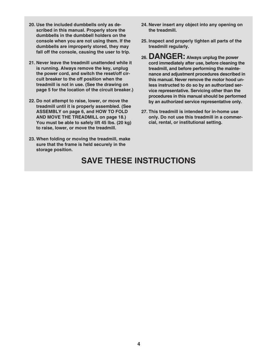 Danger, Save these instructions | Reebok Fitness 8000 C treadmill RBTL06008.0 User Manual | Page 4 / 28