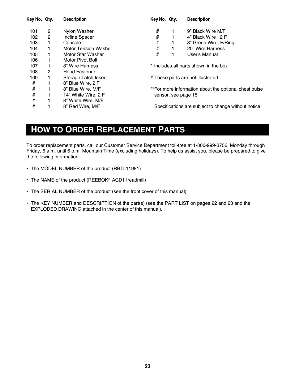 Ow to, Rder, Eplacement | Arts | Reebok Fitness RBTL11981 User Manual | Page 23 / 26