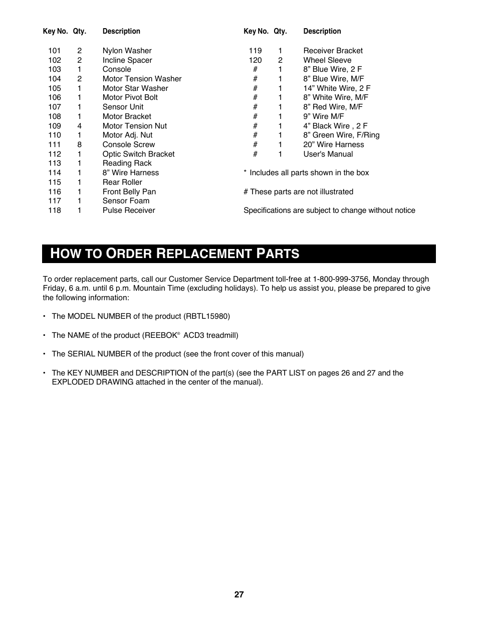 Ow to, Rder, Eplacement | Arts | Reebok Fitness ACD3 RBTL15980 User Manual | Page 27 / 30