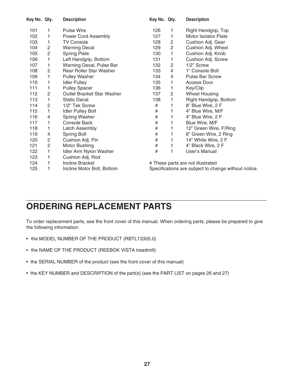 Ordering replacement parts | Reebok Fitness RBTL13305.0 User Manual | Page 27 / 30