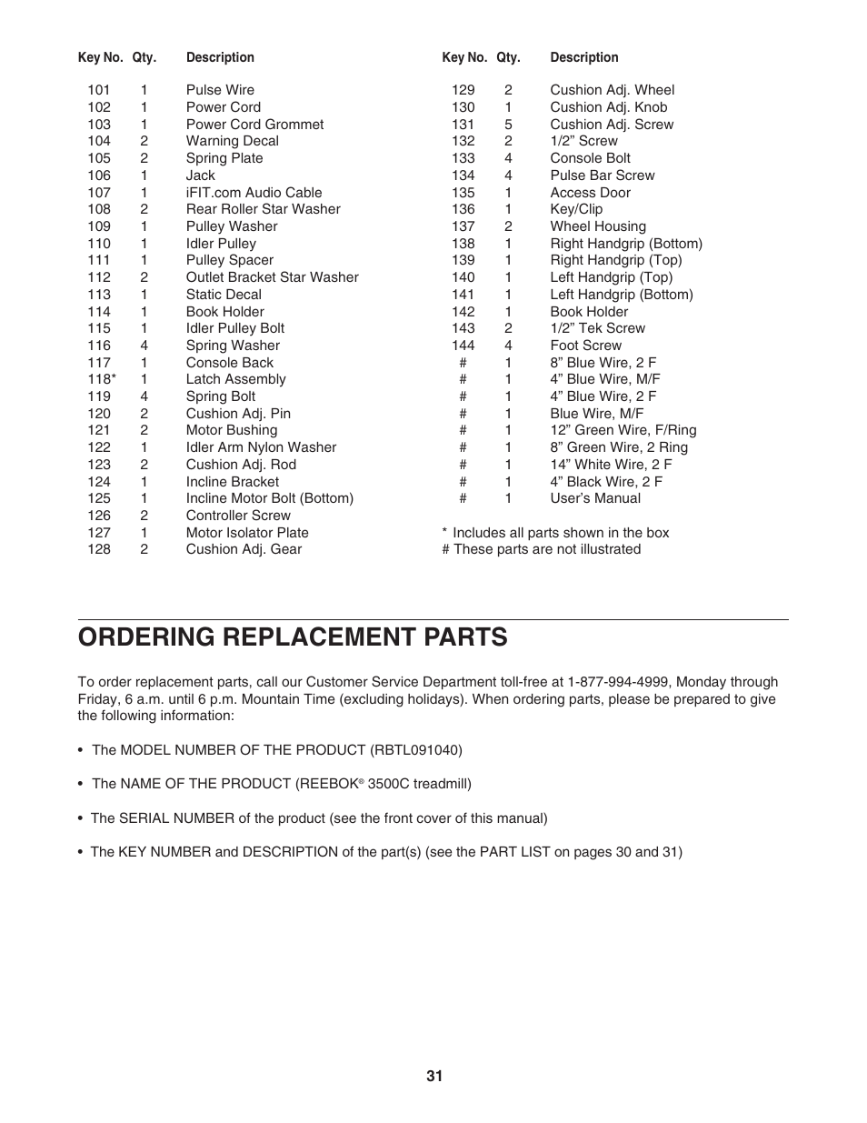 Ordering replacement parts | Reebok Fitness 3500C RBTL091040 User Manual | Page 31 / 34