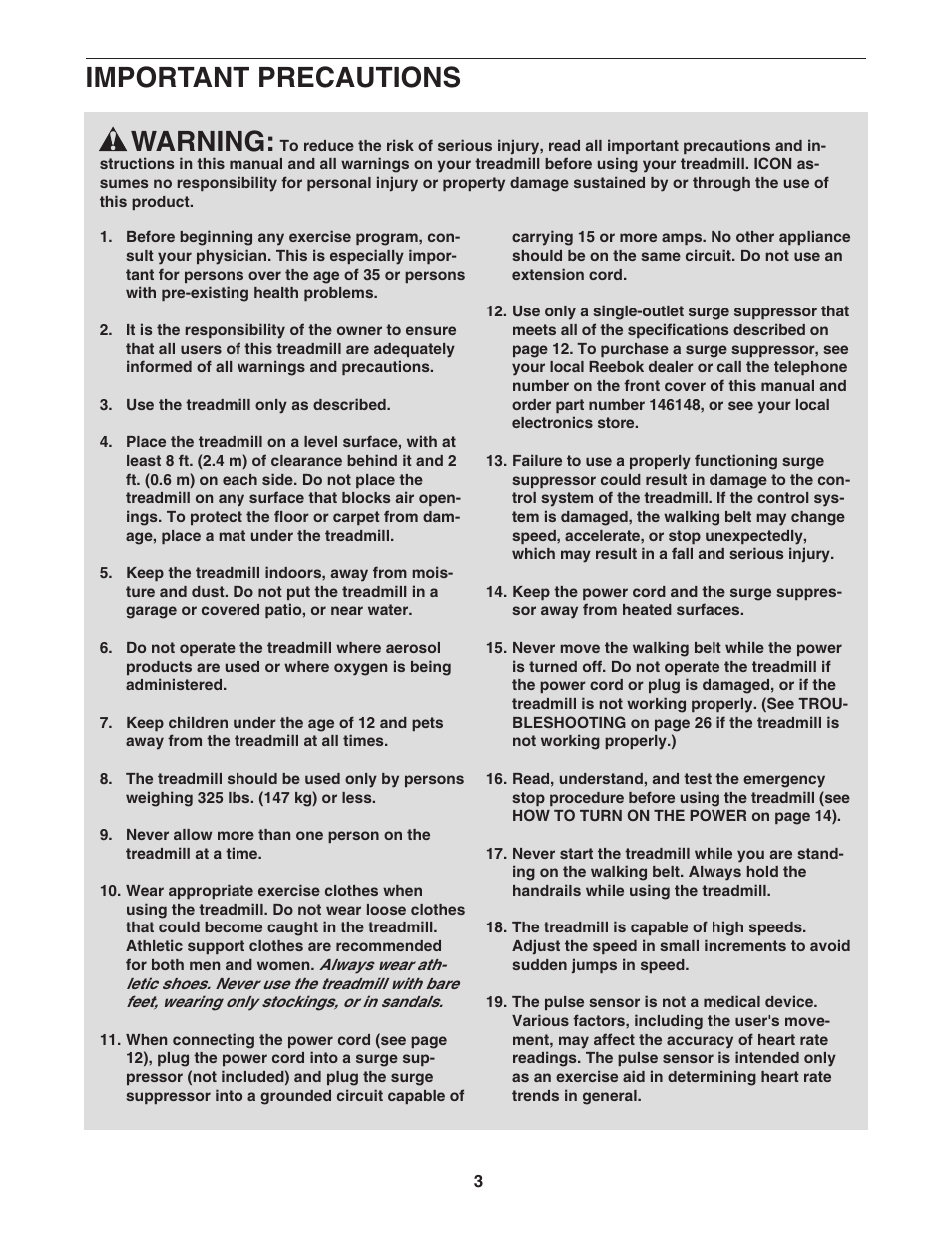 Warning, Important precautions | Reebok Fitness RBTL09507.0 User Manual | Page 3 / 36