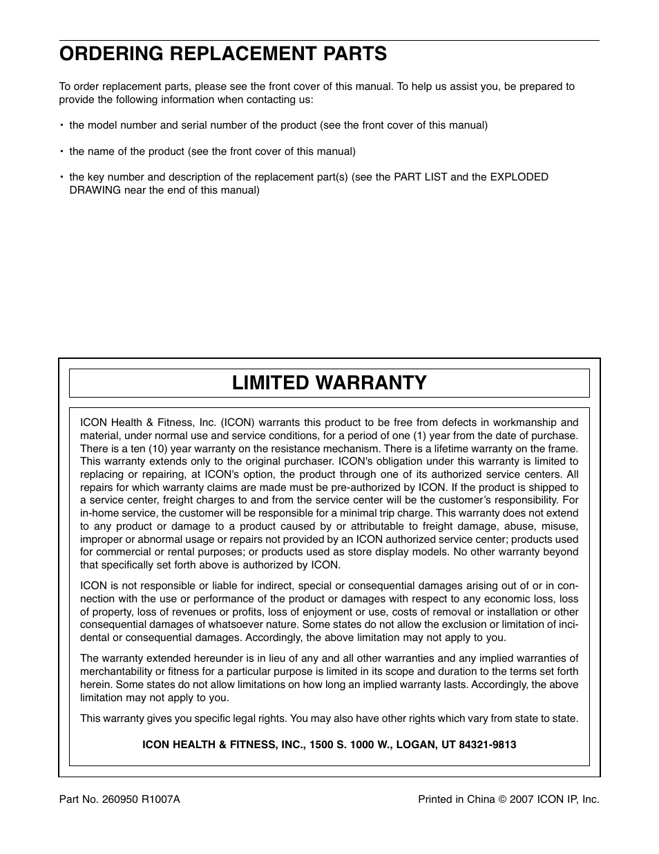 Limited warranty, Ordering replacement parts | Reebok Fitness 1000 ZX RBEL9906.3 User Manual | Page 28 / 28