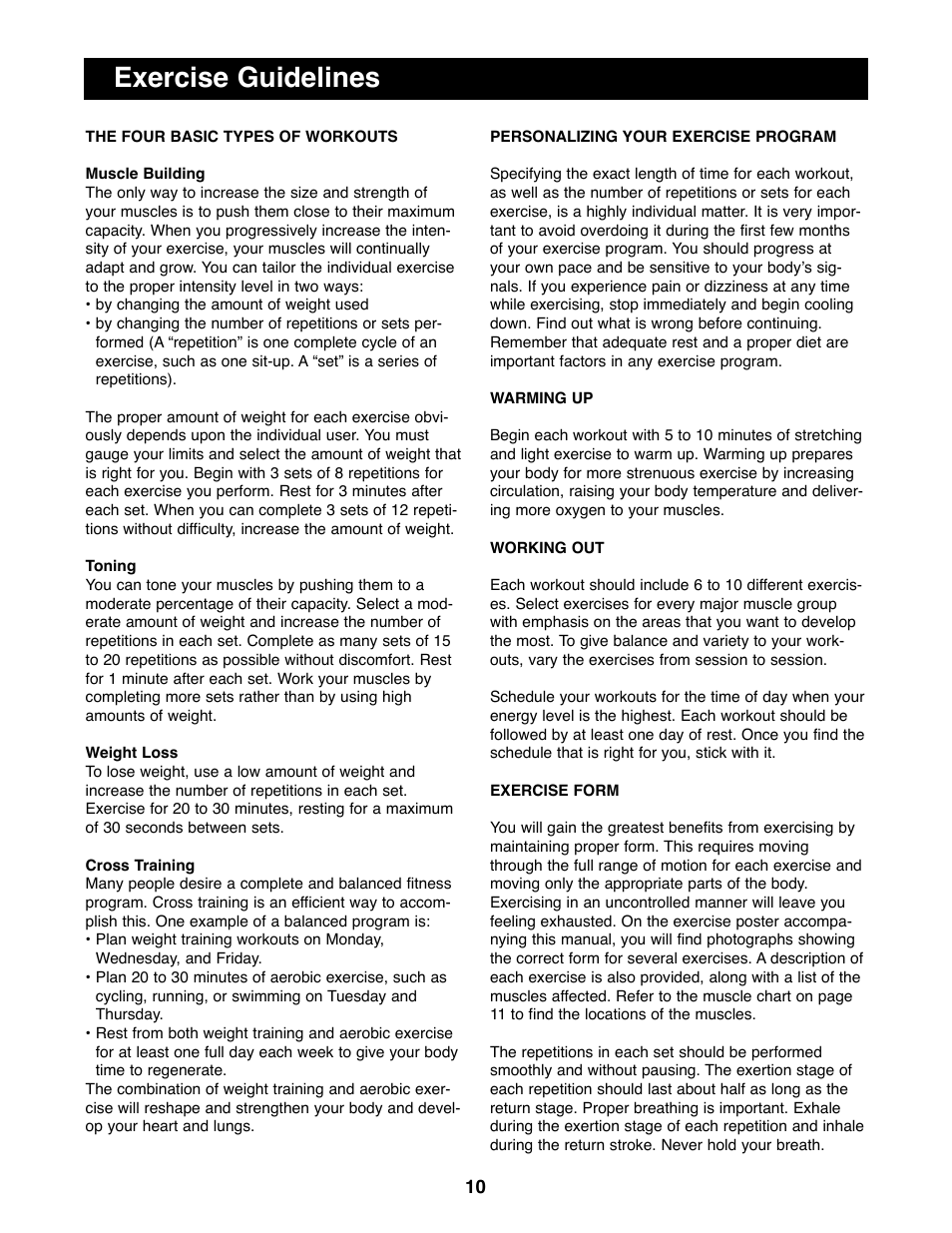 Exercise guidelines | Reebok Fitness RBBE11700 User Manual | Page 10 / 16