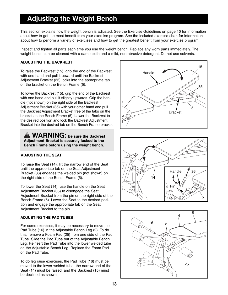 Adjusting the weight bench, Warning | Reebok Fitness RBBE11700 User Manual | Page 13 / 16