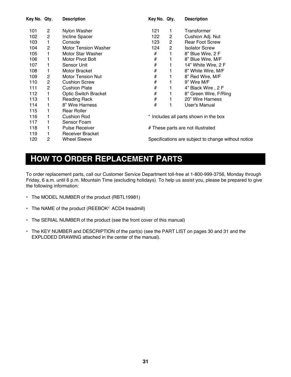 Ow to, Rder, Eplacement | Arts | Reebok Fitness ACD 4 RBTL19981 User Manual | Page 31 / 34