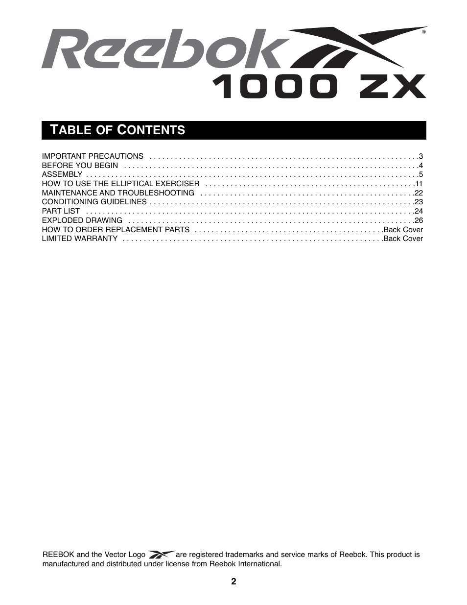 Reebok Fitness 1000 ZX RBEL9906.0 User Manual | Page 2 / 28