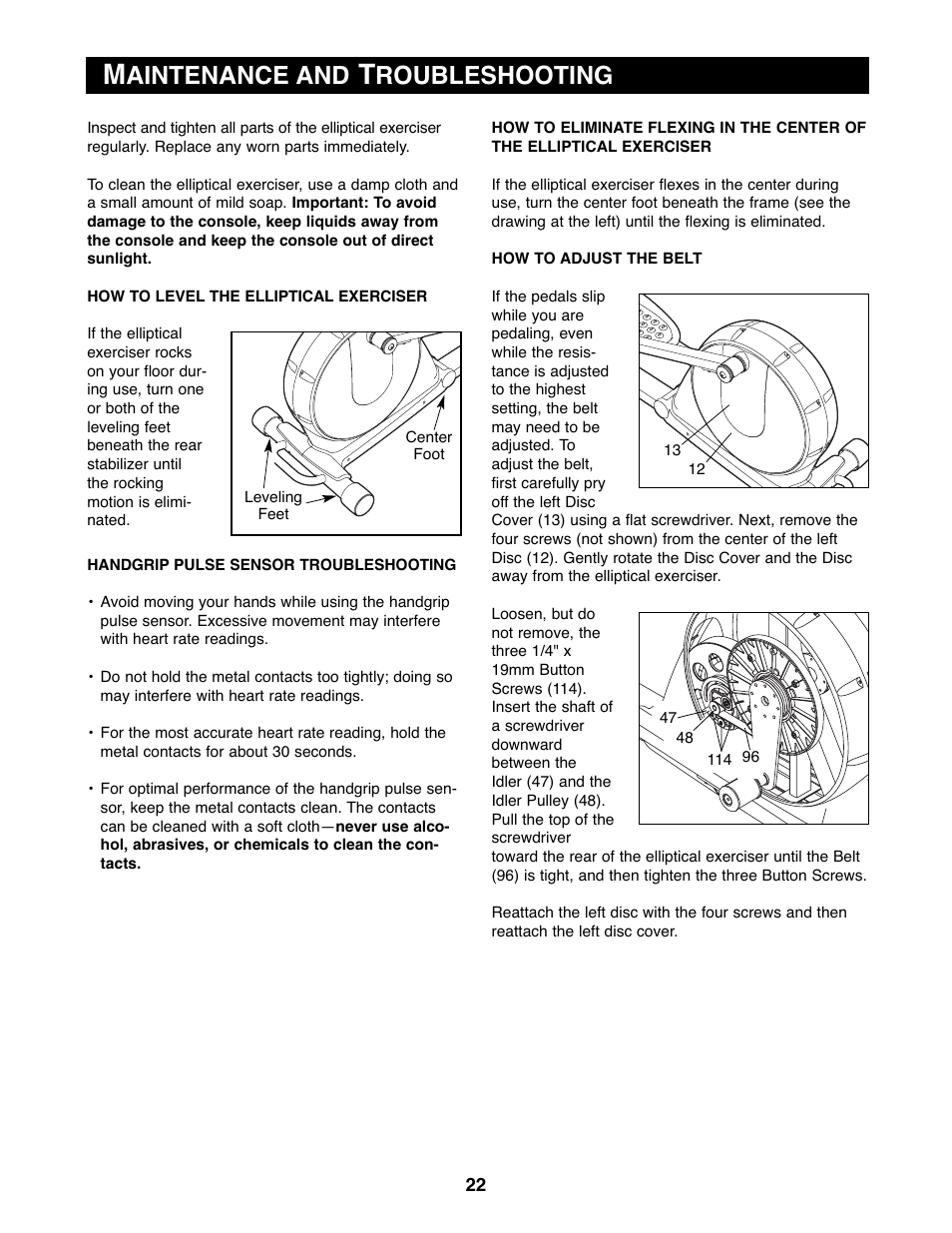 Aintenance and, Roubleshooting | Reebok Fitness 1000 ZX RBEL9906.0 User Manual | Page 22 / 28