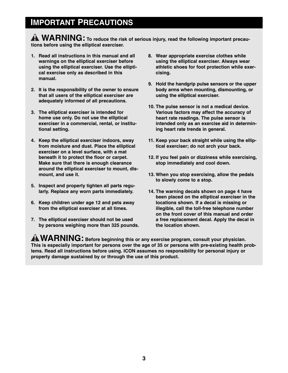 Warning, Mportant, Recautions | Reebok Fitness 1000 ZX RBEL9906.0 User Manual | Page 3 / 28