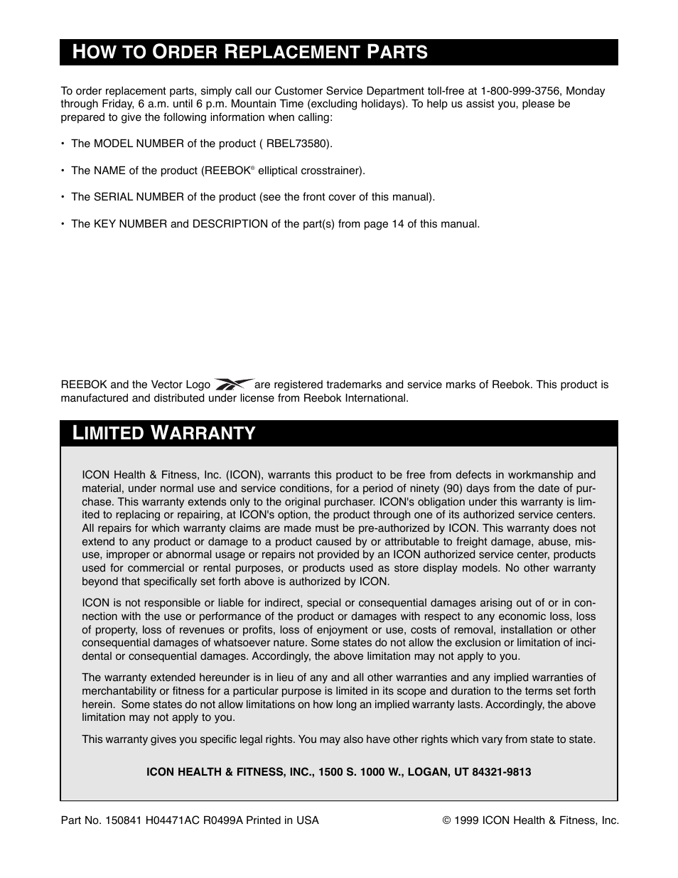 Ow to, Rder, Eplacement | Arts, Imited, Arranty | Reebok Fitness RBEL73580 User Manual | Page 16 / 16