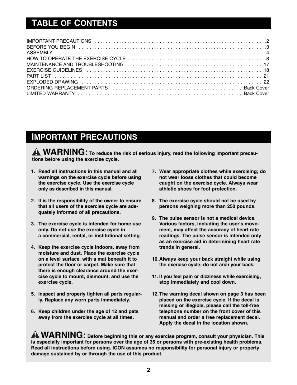 Warning, Able of, Ontents | Mportant, Recautions | Reebok Fitness EXERCISE CYCLE RBEX3976.0 User Manual | Page 2 / 24