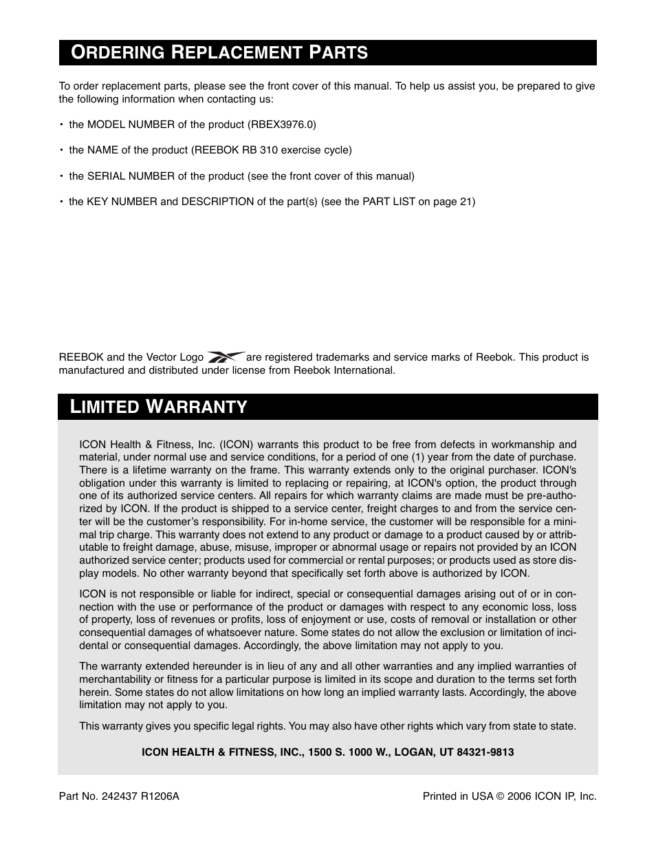 Rdering, Eplacement, Arts | Imited, Arranty | Reebok Fitness EXERCISE CYCLE RBEX3976.0 User Manual | Page 24 / 24