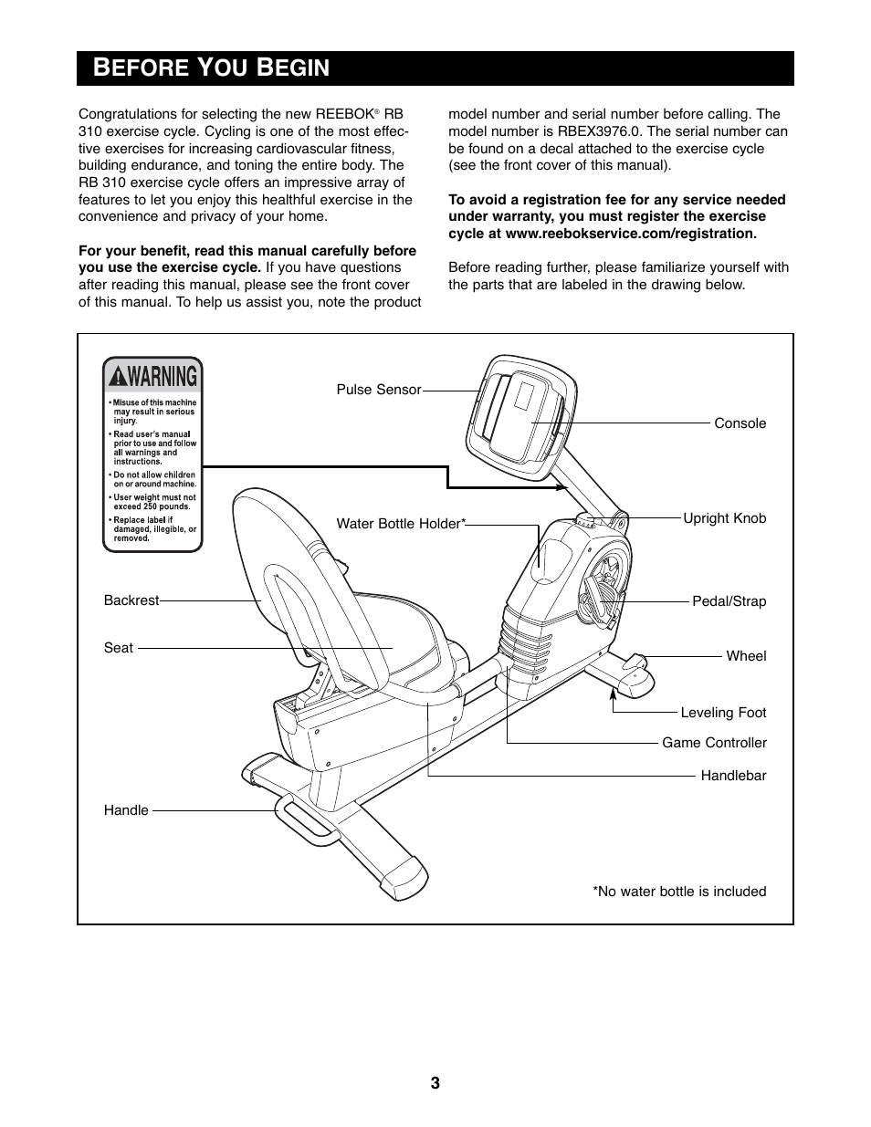 Efore, Egin | Reebok Fitness EXERCISE CYCLE RBEX3976.0 User Manual | Page 3 / 24
