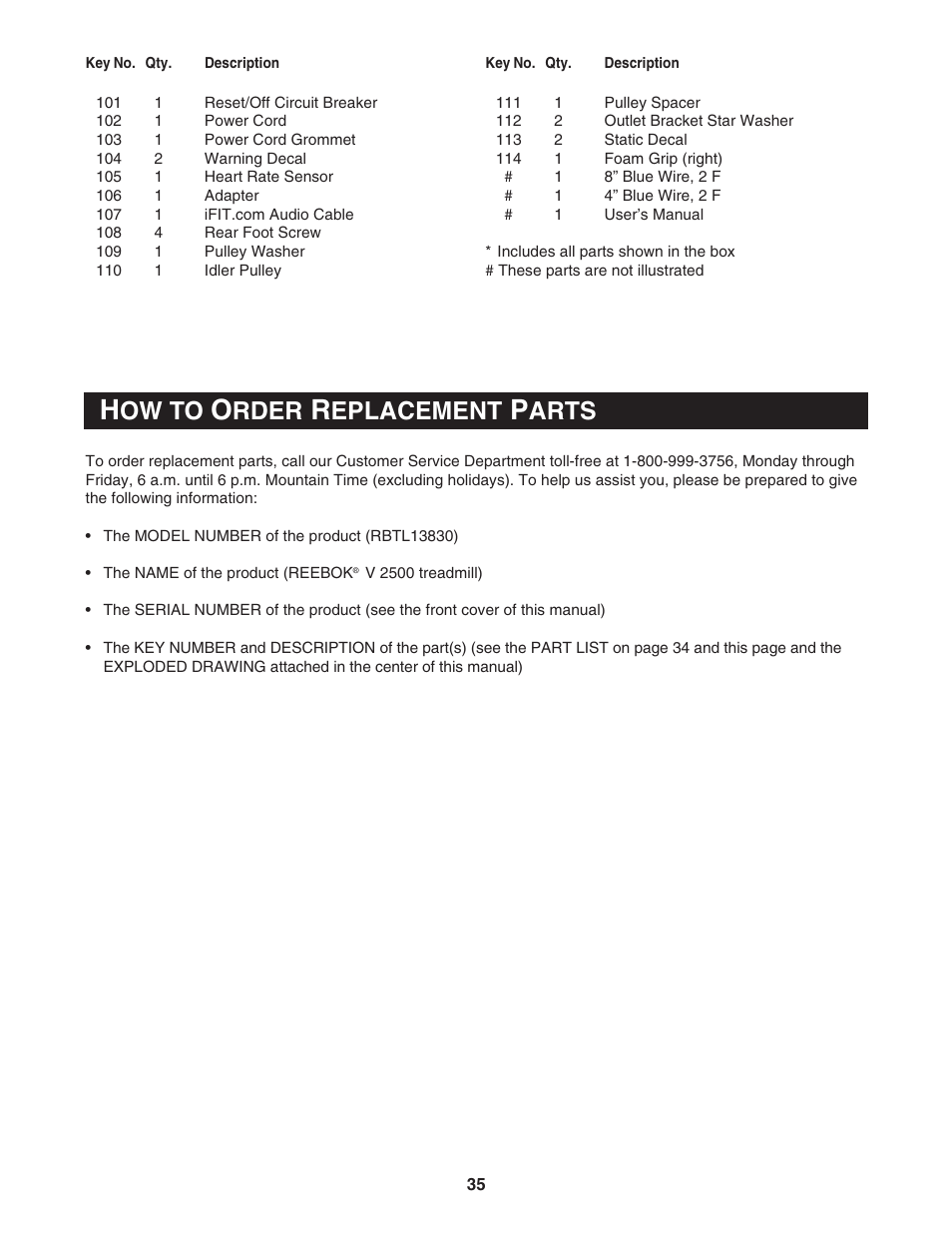 Ow to, Rder, Eplacement | Arts | Reebok Fitness RBTL13830 User Manual | Page 35 / 38