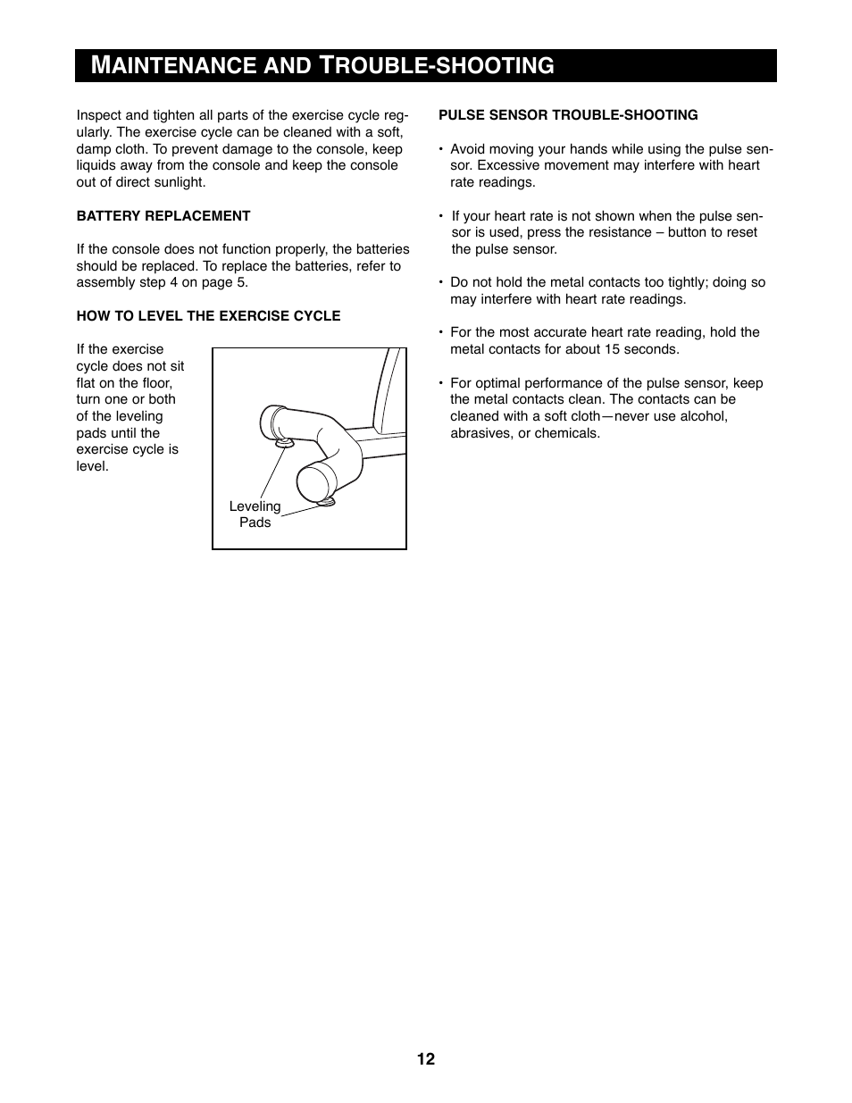 Aintenance and, Rouble-shooting | Reebok Fitness RBEX33180 User Manual | Page 12 / 16