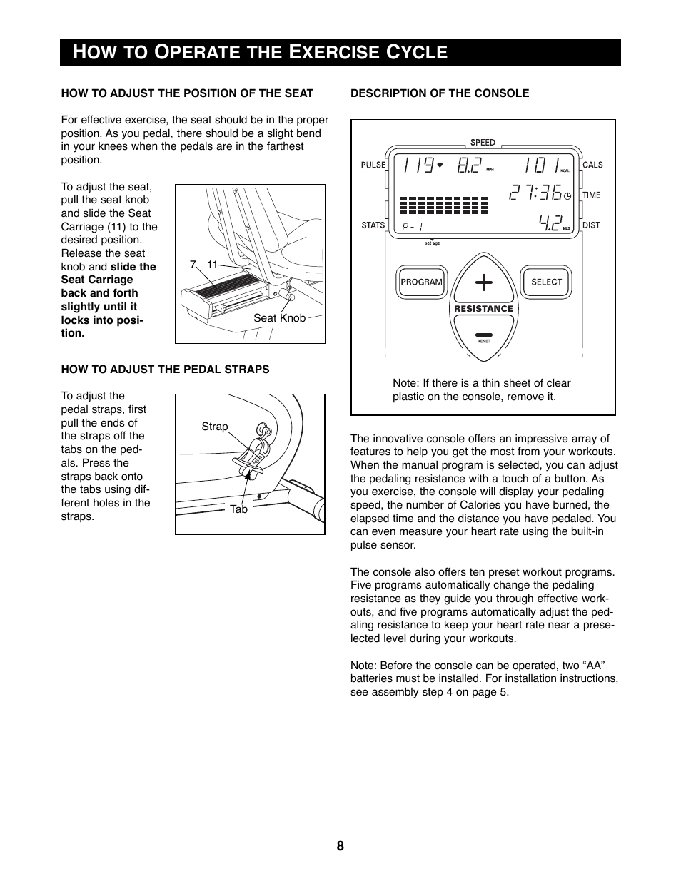 Ow to, Perate the, Xercise | Ycle | Reebok Fitness RBEX33180 User Manual | Page 8 / 16