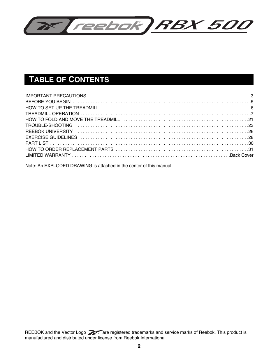 Able of, Ontents | Reebok Fitness RBTL12900 User Manual | Page 2 / 34