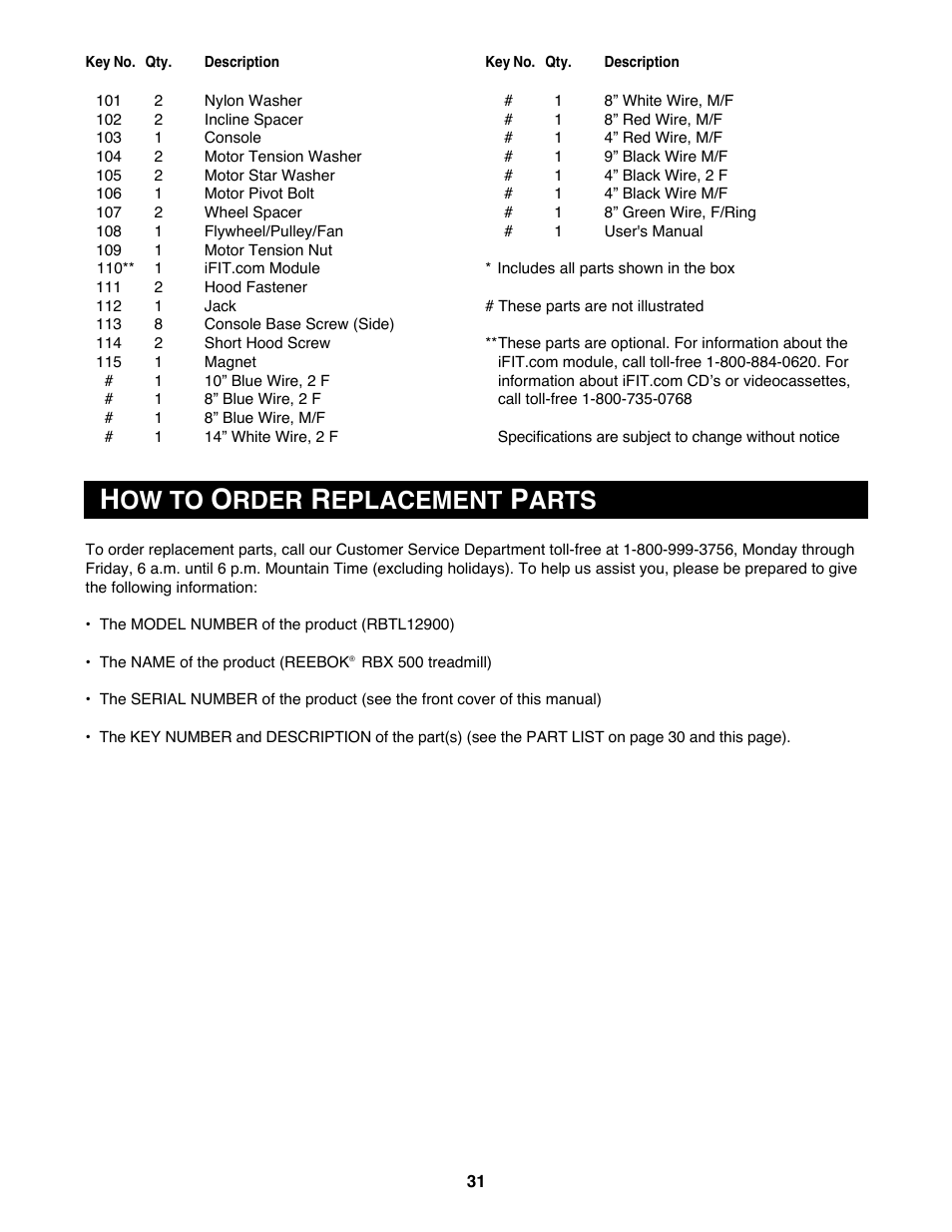 Ow to, Rder, Eplacement | Arts | Reebok Fitness RBTL12900 User Manual | Page 31 / 34