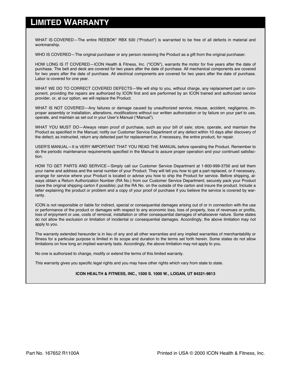 Imited, Arranty | Reebok Fitness RBTL12900 User Manual | Page 34 / 34
