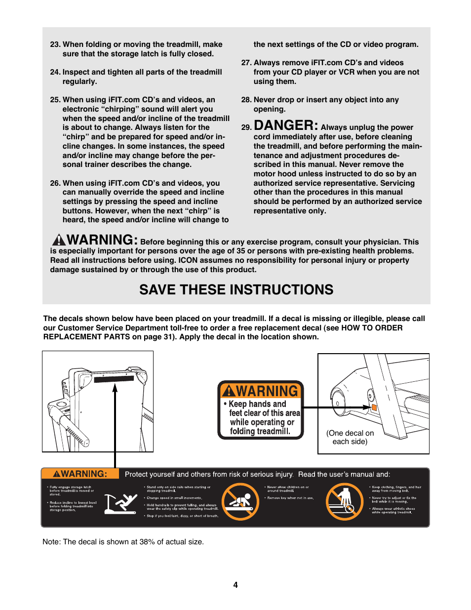 Danger, Warning, Save these instructions | Reebok Fitness RBTL12900 User Manual | Page 4 / 34