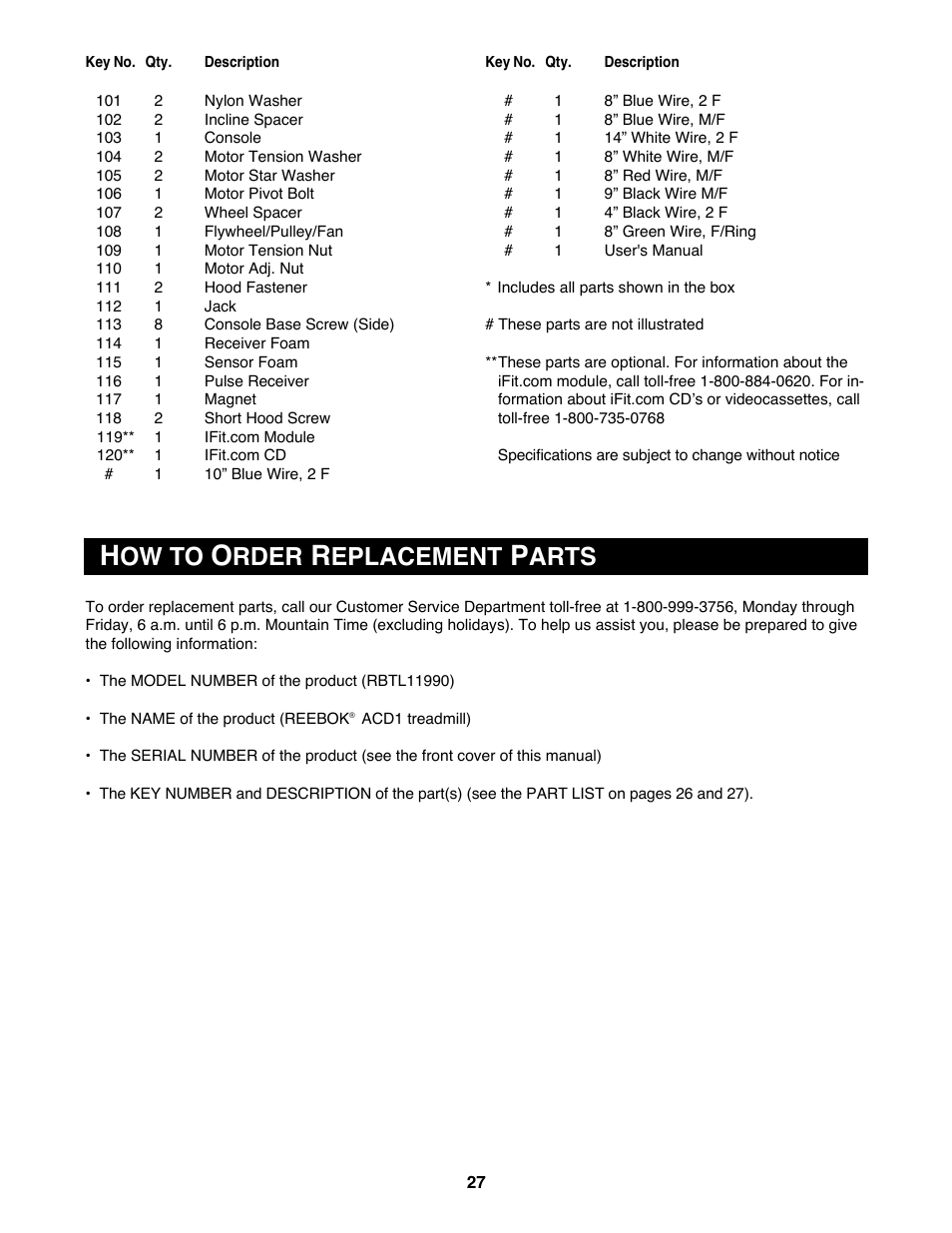 Ow to, Rder, Eplacement | Arts | Reebok Fitness RBTL11990 User Manual | Page 27 / 30