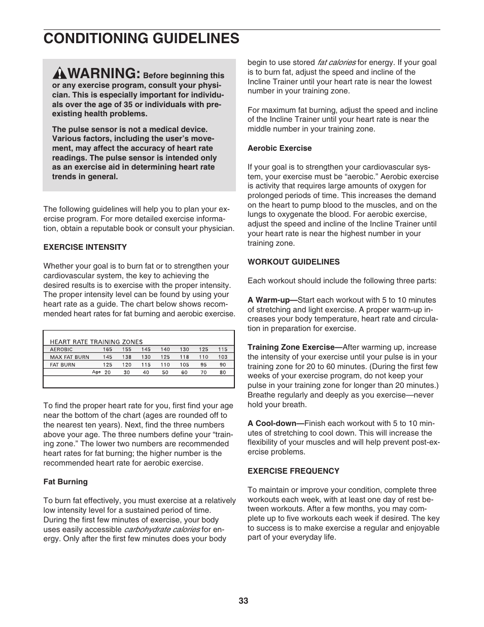 Conditioning guidelines, Warning | Reebok Fitness INCLINE TRAINER RBHK15305.0 User Manual | Page 33 / 38