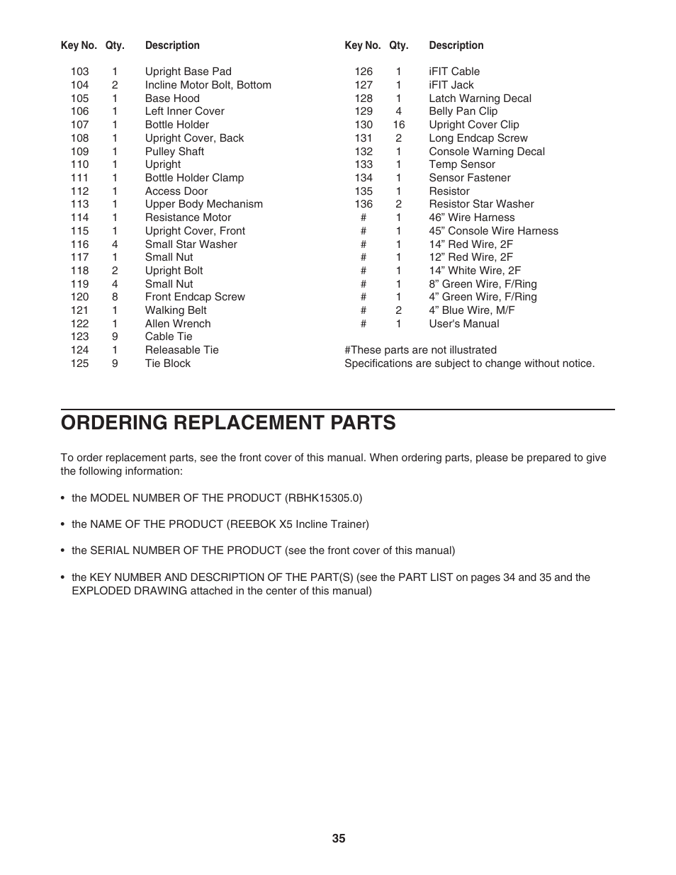 Ordering replacement parts | Reebok Fitness INCLINE TRAINER RBHK15305.0 User Manual | Page 35 / 38