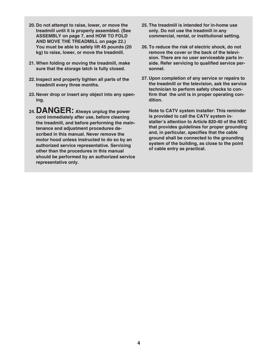 Danger | Reebok Fitness VISTA RBTL13305.2 User Manual | Page 4 / 30