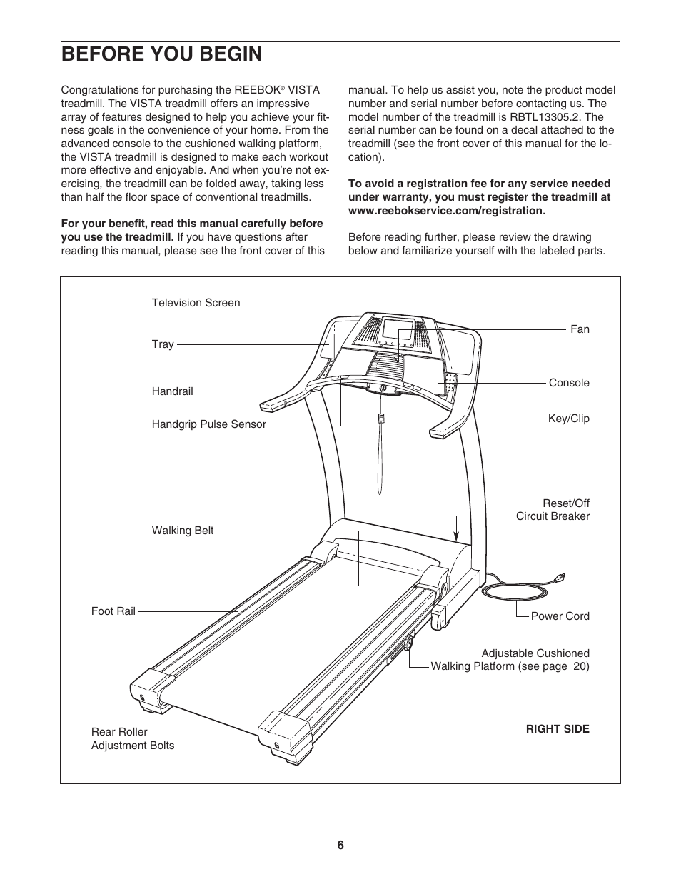 Before you begin | Reebok Fitness VISTA RBTL13305.2 User Manual | Page 6 / 30