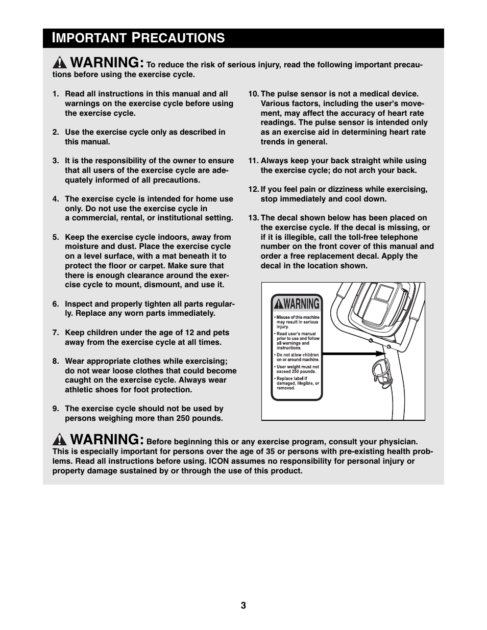 Warning, Mportant, Recautions | Reebok Fitness RT 300 RBEX2976.0 User Manual | Page 3 / 20