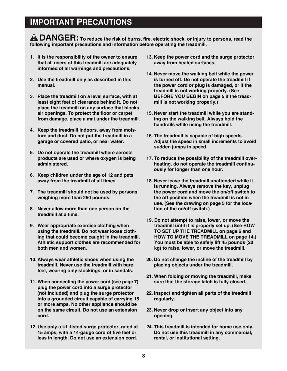 Danger, Mportant, Recautions | Reebok Fitness RBTL11980 User Manual | Page 3 / 26