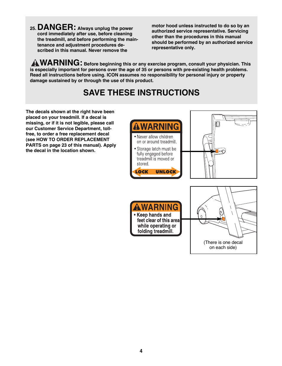 Danger, Warning, Save these instructions | Reebok Fitness RBTL11980 User Manual | Page 4 / 26