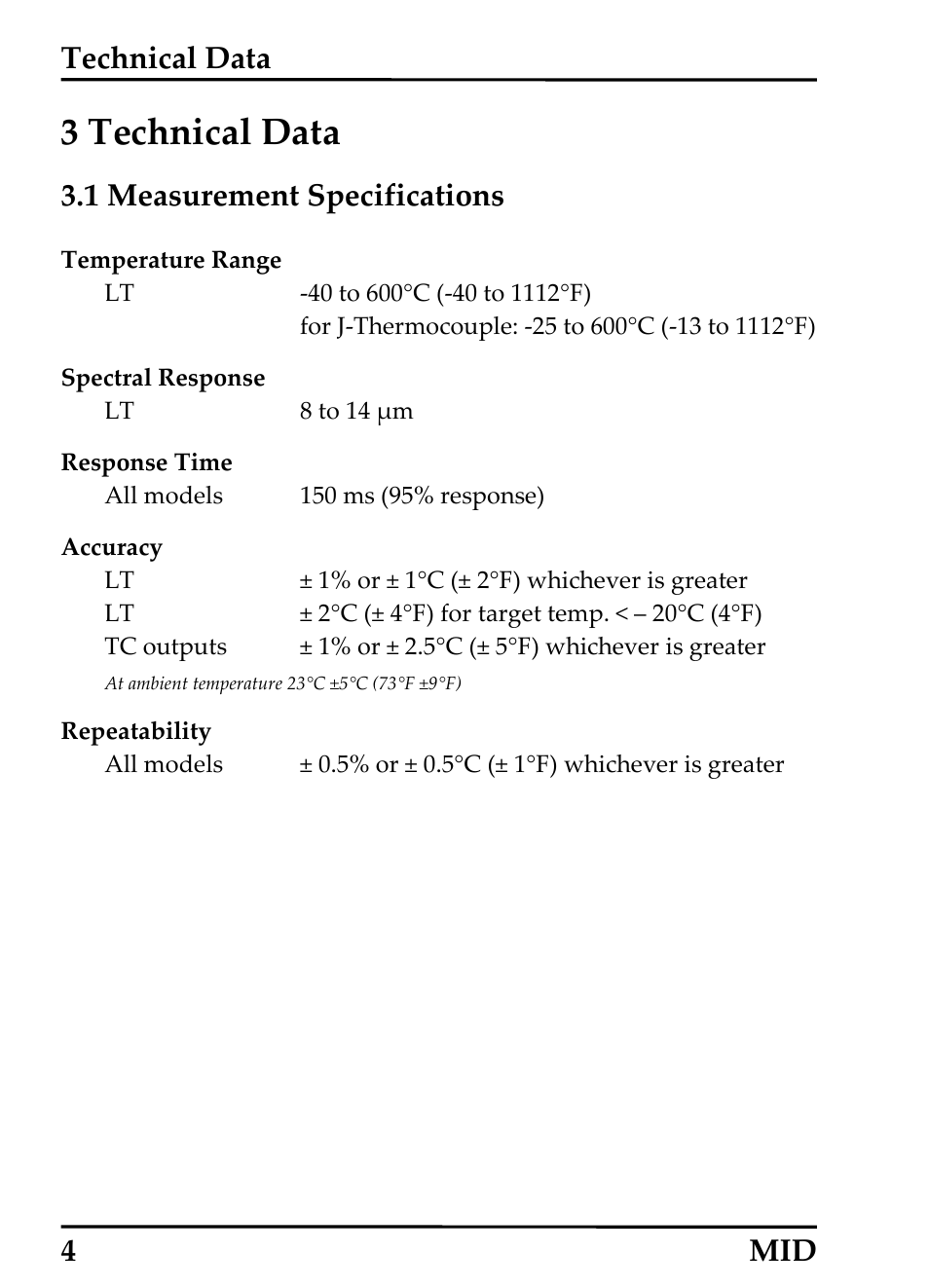 Technical data, Measurement specifications, 3 technical data | Easurement, Pecifications, 1 measurement specifications, 4 mid | RayTek 54301 User Manual | Page 12 / 93